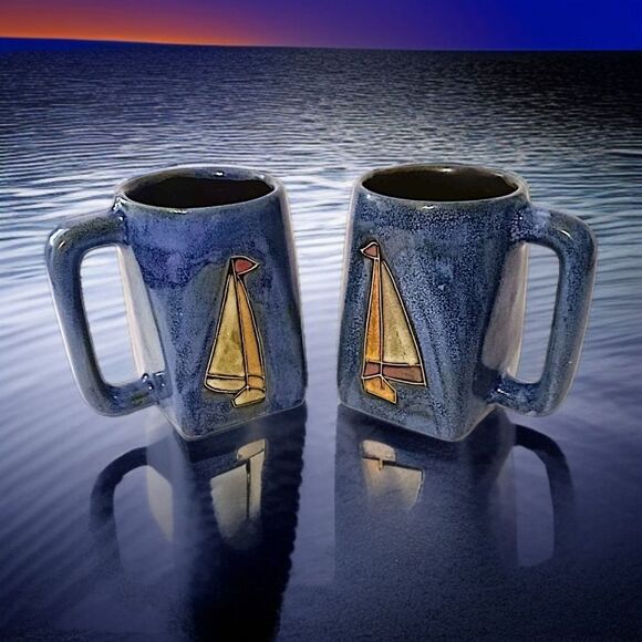2 Mara Mexico Sailboat Mugs Cups Handmade Pottery Coastal Beach House Nautical - Picture 14 of 16